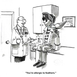 BW cartoon of a pirate at the doctor's office. He is allergic to his parrot's feathers.