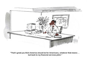 Color cartoon of an African American male call center person getting a MAGA speech from a caller.