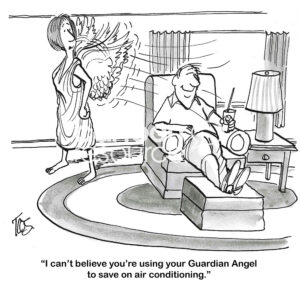 BW cartoon of a man using his Guardian Angel as an air conditioner.