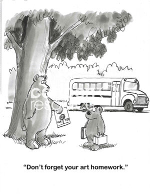 BW cartoon of a young bear about to get on the schoolbus. Mom reminds him to take his artwork