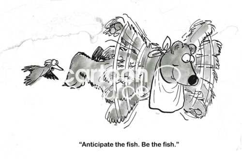 BW cartoon of a bird teaching a flying bear how to catch fish from the air.