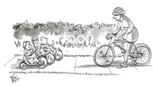 BW cartoon of three boys on tricycles facing down an adult on a bike.