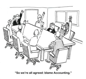 BW cartoon of an entire team voting to blame accounting.