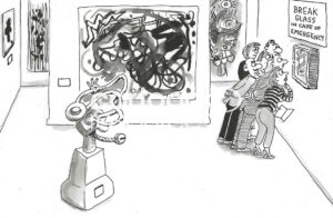 BW cartoon showing art patrons missing the modern art and looking at the emergency instructions.