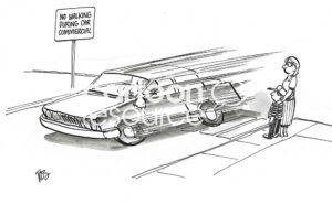 BW cartoon of a very fast car going past a mom and son, they are filming a commercial on a busy city street.