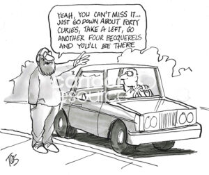 BW cartoon of a man offering directions to a lost driver, only they are not understandable.