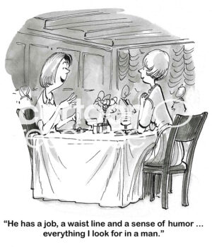 BW cartoon of two women at lunch and chatting. One has found her perfect man.