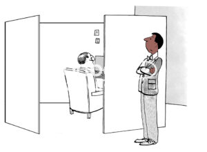 Color cartoon illustration showing an African American male manager wondering what his white counterpart is thinking.
