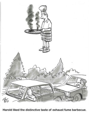 BW cartoon of a man cooking his BBQ above the exhaust pipes of the cars on the highway.
