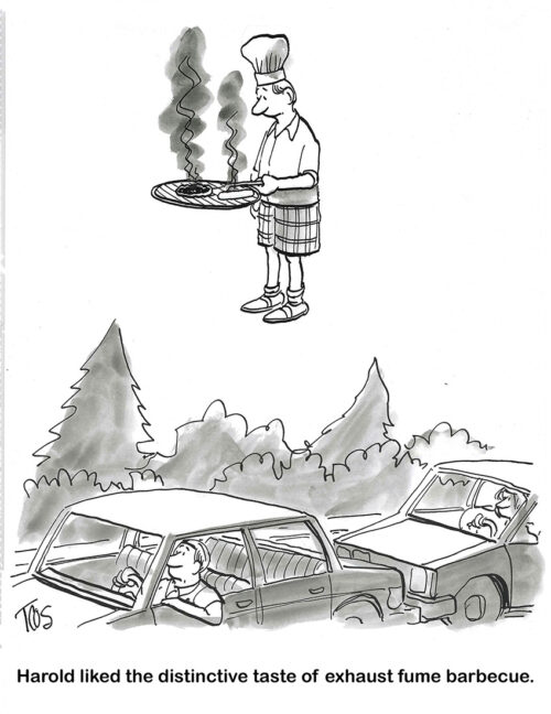 BW cartoon of a man cooking his BBQ above the exhaust pipes of the cars on the highway.