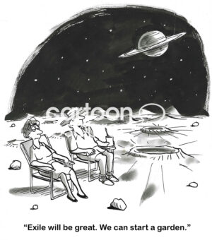 BW cartoon showing an excited husband and unexcited wife about their exile to Mars - he wants to start a garden.