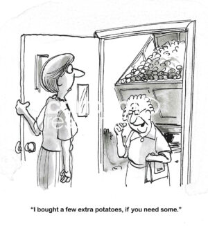 BW cartoon of a neighbor who has purchased a full truckload of potatoes and is offering them to the neighborhood.