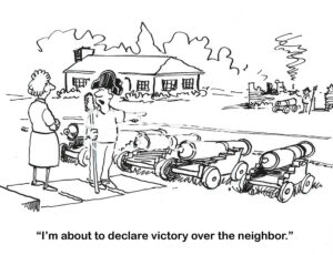 BW cartoon of two neighborhood men fighting each other with cannons.