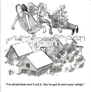 BW cartoon of a man who really wants to fly like his guardian angel.