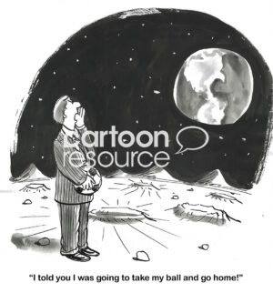 BW cartoon of a man who has taken his ball and gone home to Mars.