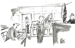 BW cartoon of a lawyer trying to hypnotize the judge and the jury.