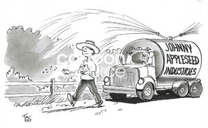 BW cartoon of Johnny Appleseed throwing down seeds and followed by a huge Appleseed Industries truck.