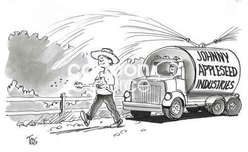 BW cartoon of Johnny Appleseed throwing down seeds and followed by a huge Appleseed Industries truck.