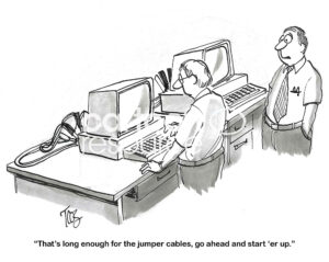 BW cartoon of office workers using jumper cables so that the working computer can assist the broken computer.