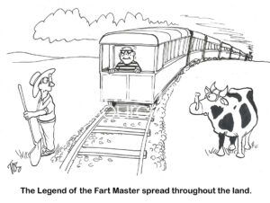 BW cartoon showing cow and person with their nose closed to avoid the fart master odor.