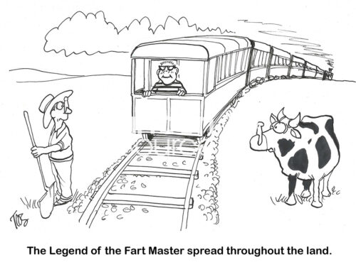 BW cartoon showing cow and person with their nose closed to avoid the fart master odor.