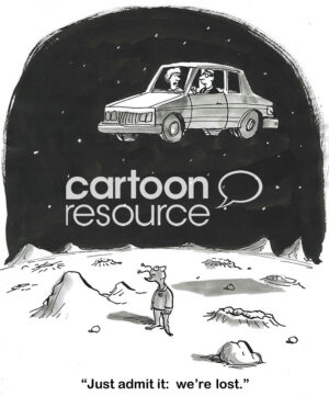 BW cartoon of a car floating over Mars. The wife wants the husband to admit they are lost.