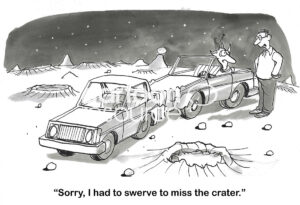 BW cartoon of a man talking to an alien - they've had a traffic accident on Mars avoiding a crater.