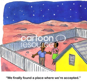 Color cartoon of an African American family that has moved to Mars to get away from racism.