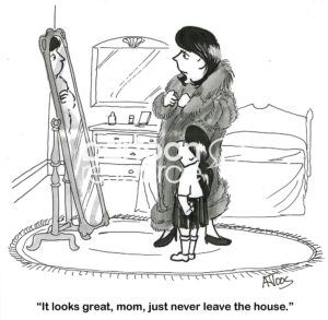 BW cartoon about a woman wearing a real fur coat - controversial. Her daughter suggests 'just stay in the house'.