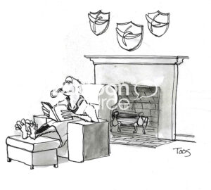 BW cartoons showing a monkey living in a mansion with his 'game trophy' over the fireplace being bananas.