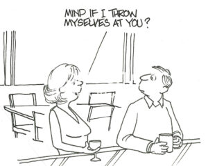 BW cartoon of a woman sitting at a bar. She wants to introduce 'herselves' to the man sitting beside her.