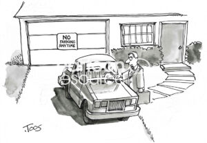 BW cartoon of a man who has gotten a parking ticket, even though he is parked in his own driveway.