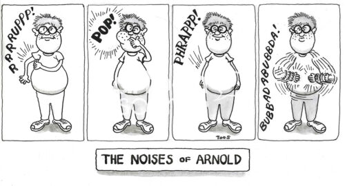 BW cartoon of the different sounds the boy can make with his body.