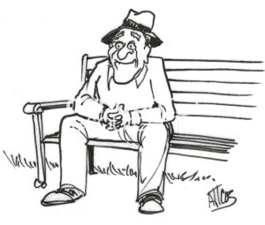 BW cartoon showing a peaceful older man contentedly sitting on a bench.