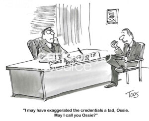 BW cartoon of a very formal recruiter and a more casual job candidate - they are at odds.