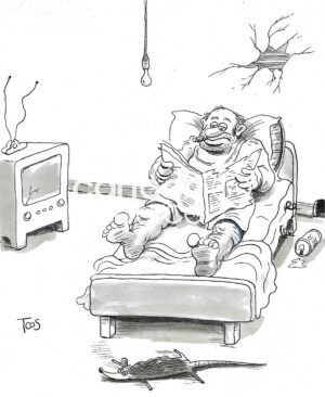 BW cartoon showing an unkempt man who has a rat rug.