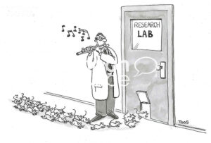BW cartoon of a scientist playing the flute to bring all the escaped lab rats back into the research lab.