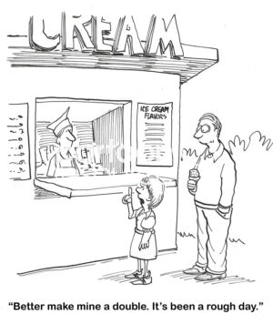 BW cartoon of a young girl at the ice cream store. She wants two scoops since it has been a rough day.