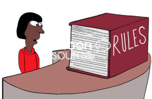 Color cartoon illustration of an African American woman feeling intimidated by the 'Rules' book.