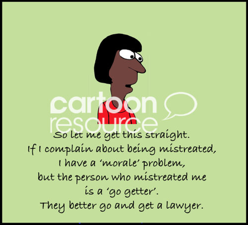 Color cartoon illustration of a female African American manager who is mistreated because of the color of her skin at work. A lawyer is in order.