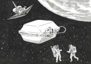 BW cartoon showing a huge sandwich box floating in outer space.