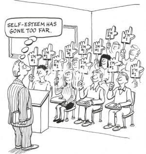 BW cartoon of a teacher looking at his students. They all have a sign that says 'I'm #1'.