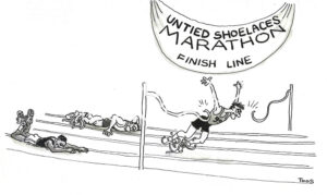 BW cartoon showing that the runners have a very difficult timing running the marathon when their shoelaces are untied.