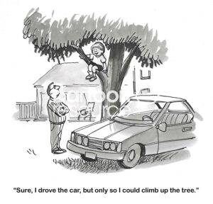 BW cartoon of a young boy explaining to his father why he drove the car to the tree.