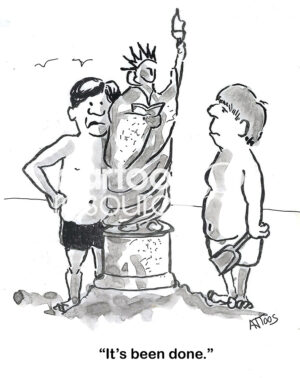 BW cartoon of two boys on vacation who have built a Statue of LIberty out of beach sand.