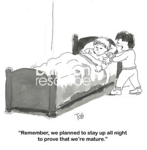 BW cartoon of two young boys trying not to fall asleep, if they can stay up all night they are 'mature'.