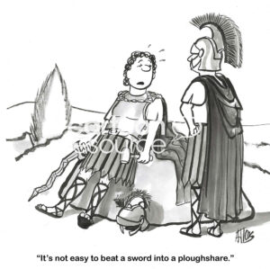 BW cartoon showing an exhausted knight. He is going from war to peace, the ploughshare.
