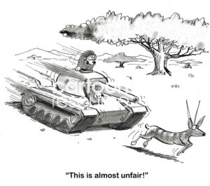 BW cartoon of lions chasing a gazelle in a military tank and realizing they have an unfair advantage.