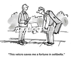 BW cartoon of a man talking with his friend - he carries a car seat with him everywhere - he prefers velcro over seatbelts