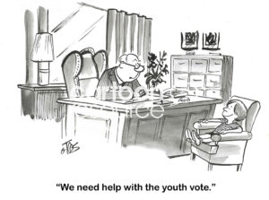 BW cartoon of a man asking the young boy to assist with growing the youth vote.